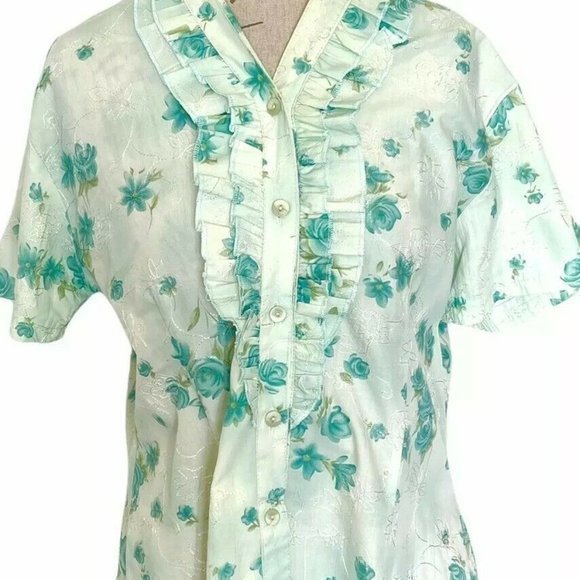 Newnoble Ruffle Floral Button Blouse Embroidered Rockabilly 50's 60's look - Picture 6 of 12
